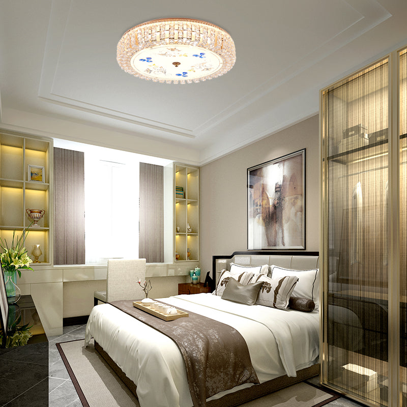 Golden Drum Flushmount Lighting: Modern Crystal and Glass Multi Light Ceiling Lamp (16