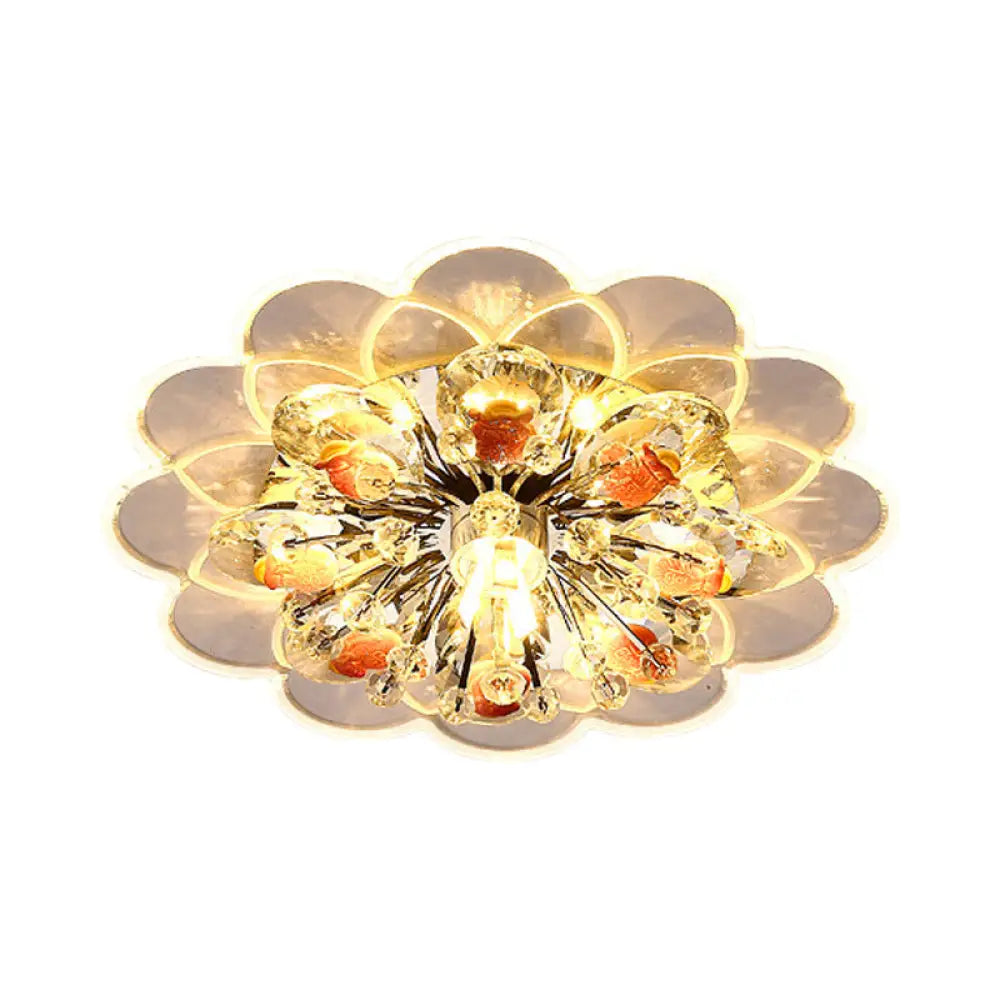 Plafonnier LED floral moderne à encastrer avec cristal biseauté en rouge pour porche, avec options de lumière rose, blanche et chaude.
