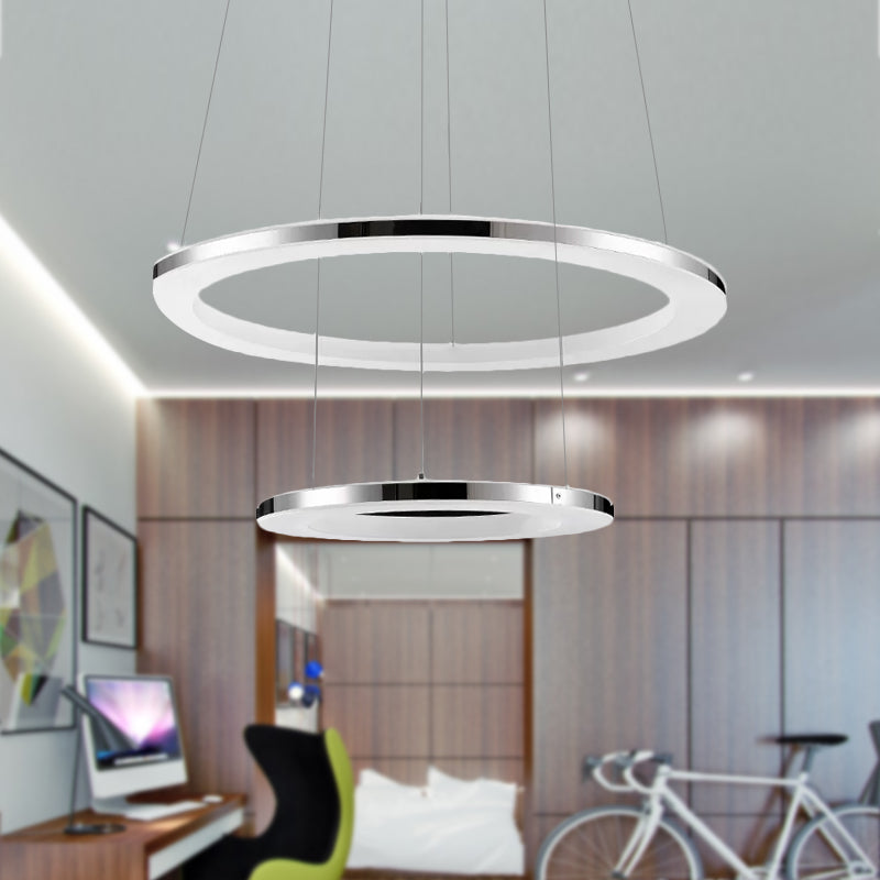 Contemporary LED Acrylic Round Ceiling Pendant Chandelier - 1/2/3-Head Silver - Warm/White Light