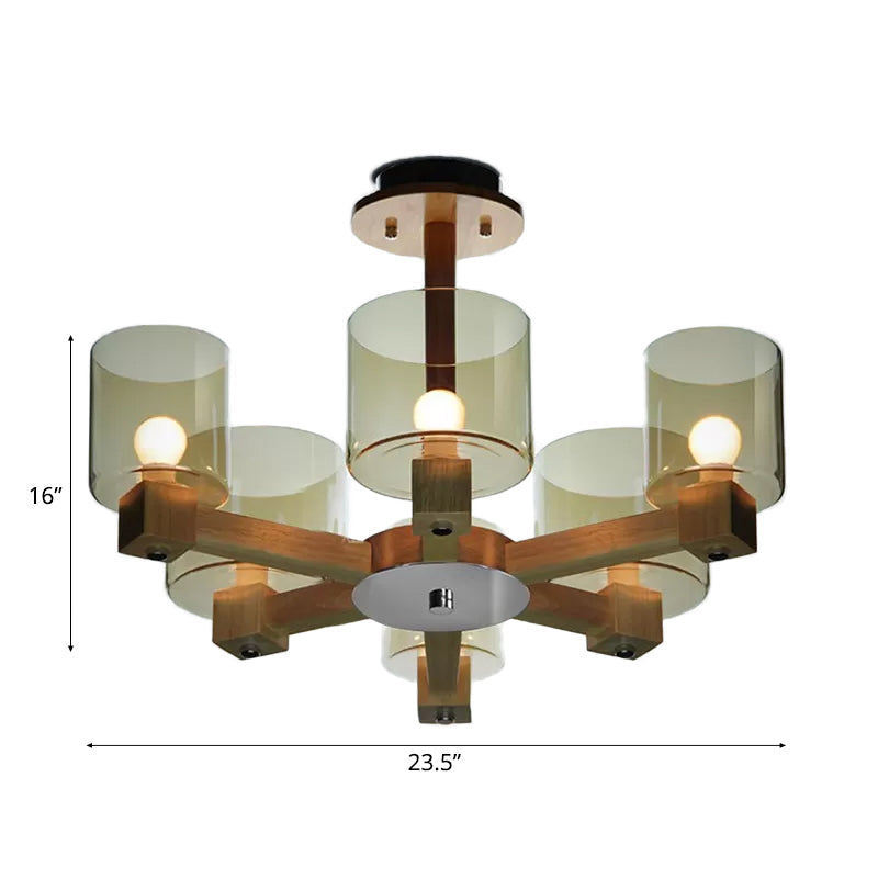 Industrial Wood Cylinder Chandelier with Radial Design - 4/6/8 Lights, Amber Glass Hanging Pendant Lamp