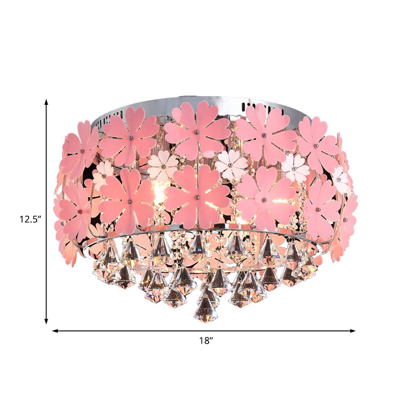 Modern Crystal Drop LED Drum Ceiling Light Fixture with Pink Flower Decoration, 18