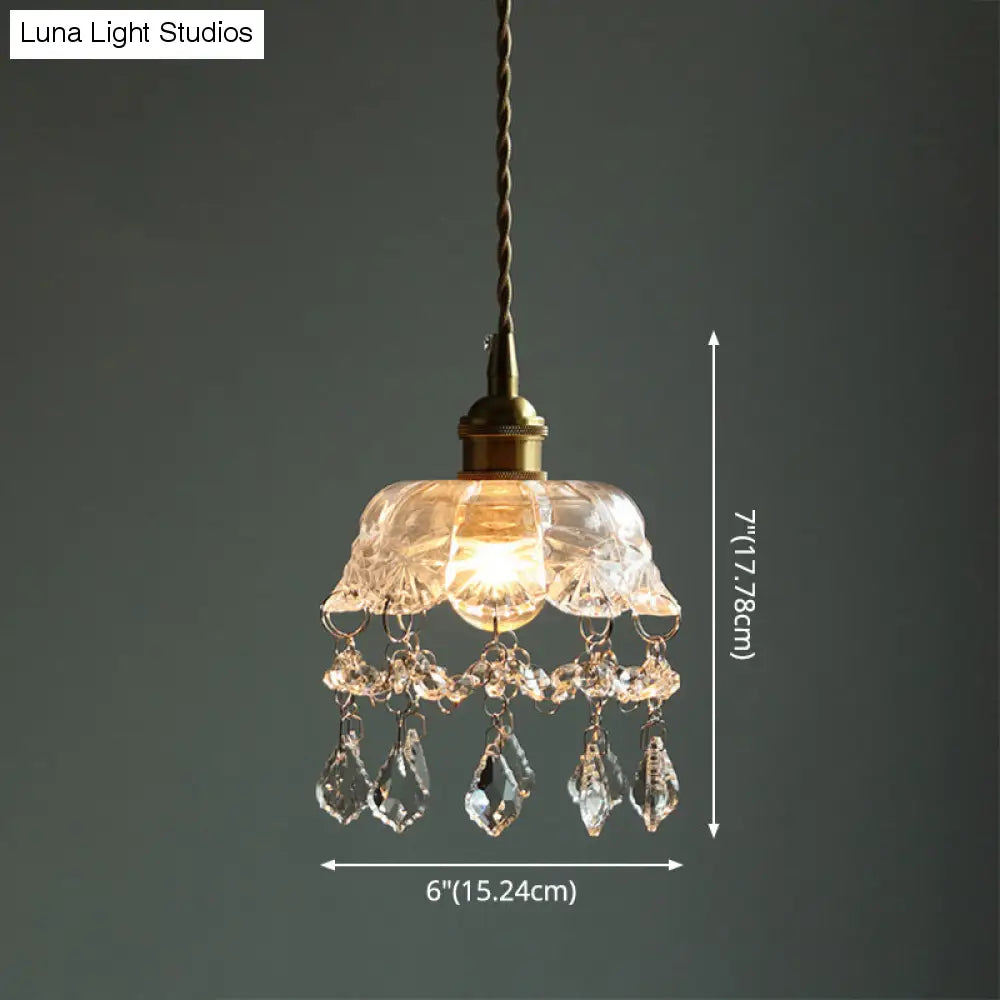 Lampa wisząca z przezroczystego szkła w kształcie kwiatu w stylu vintage z kryształkami w kształcie łezki