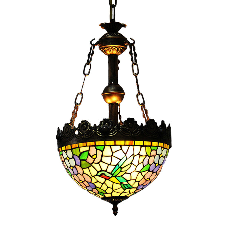 Vintage Brass Floral Chandelier - Tiffany Style Stained Glass - 3 Lights - Ceiling or Hanging Lamp - 12