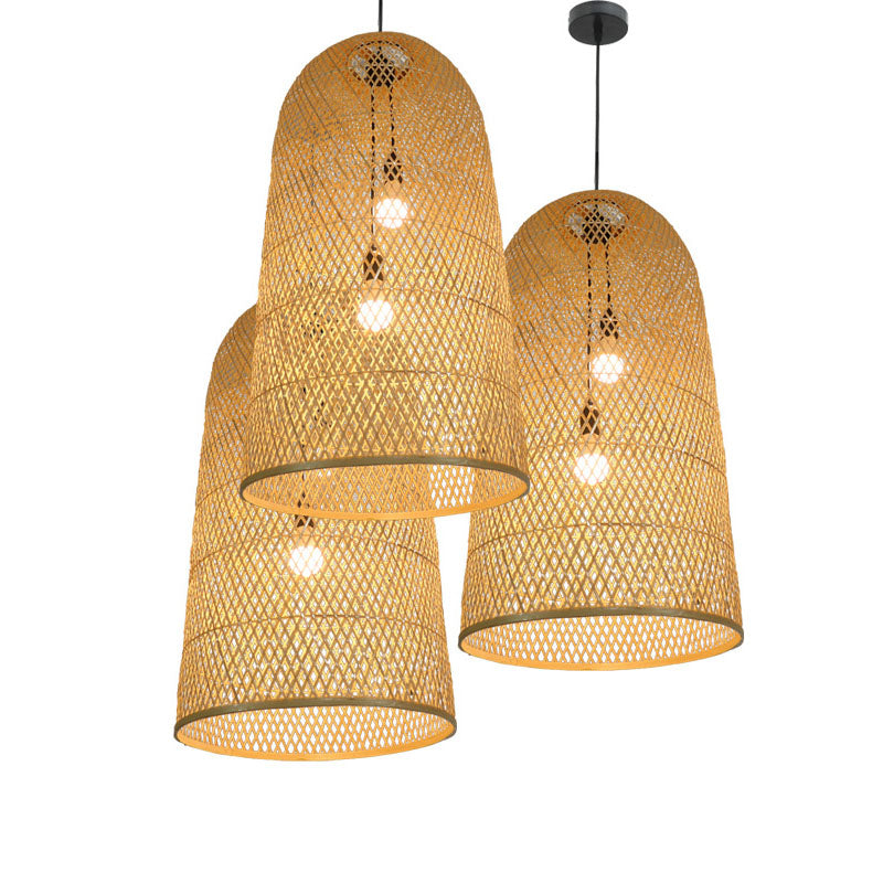 Lámpara colgante alargada de bambú, lámpara colgante de madera asiática de 2 luces para sala de estar
