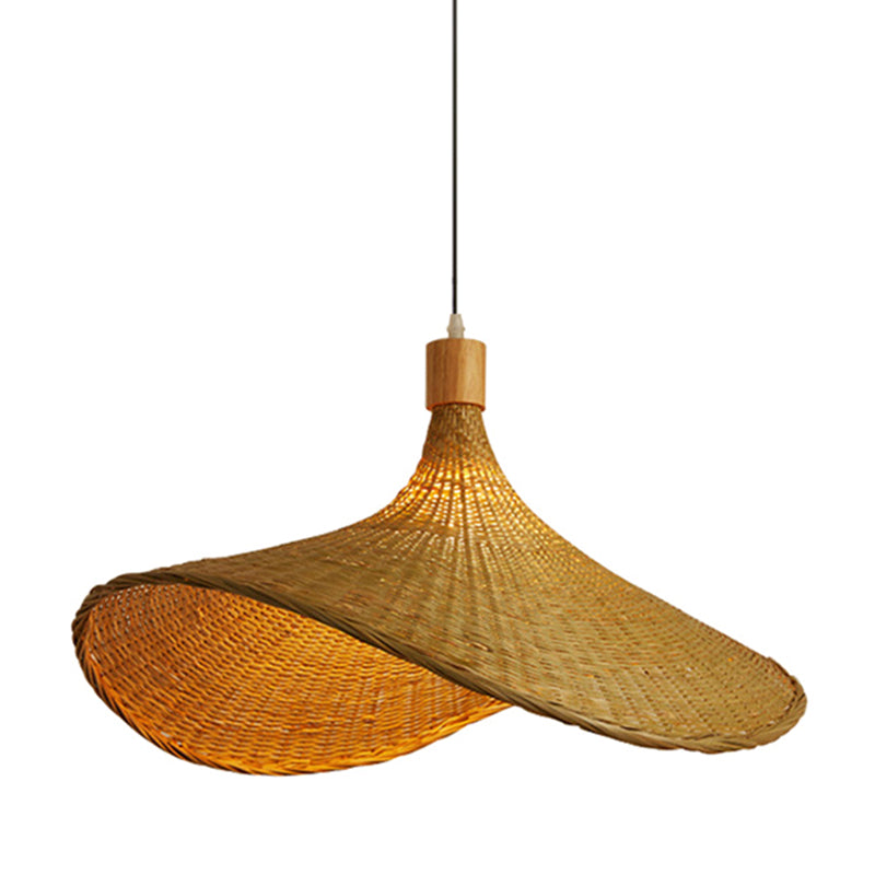 Kit lampada a sospensione a forma di cappello di paglia beige Lampada a sospensione da soffitto in rattan asiatico a 1 luce per tavolo da pranzo