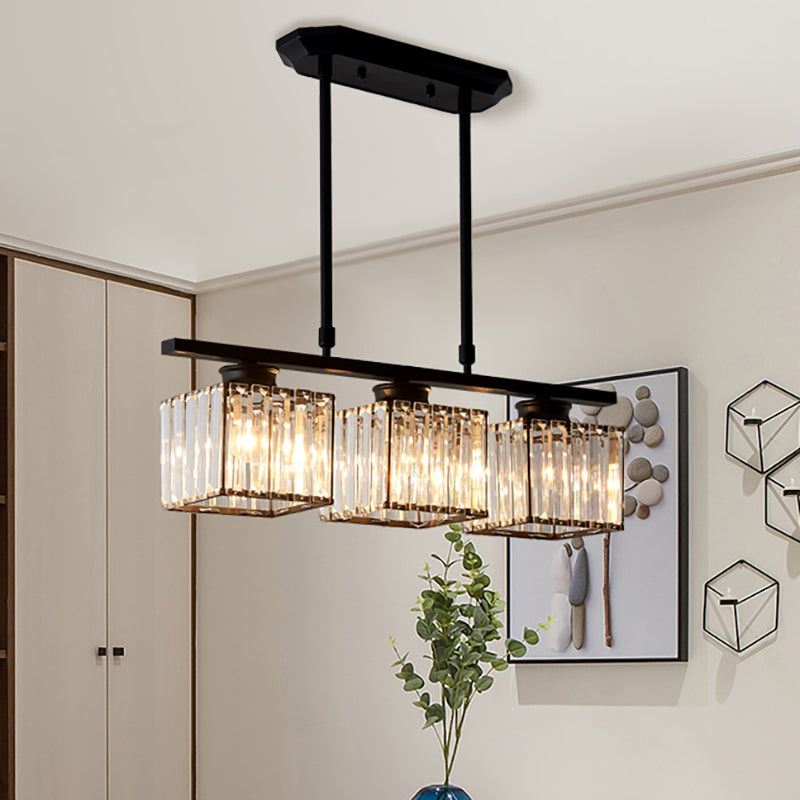 Plafoniera moderna sospesa quadrata a 3/4 luci con cristallo trasparente in nero/oro per sala da pranzo