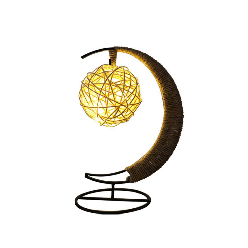 Lampe de table lune et boule en corde de chanvre - Veilleuse LED artistique à piles en noir