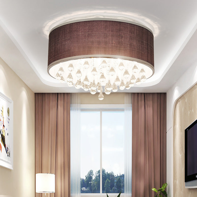 Contemporary Black Drum Flush Pendant Light with Clear Teardrop Crystal Accent - 6/8 Lights, 18