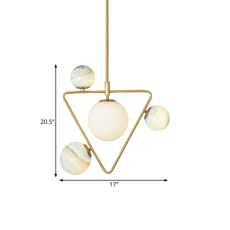 Mid Century Gold Pendant Chandelier with Triangle Iron Frame and Orb Colored Glass Shade