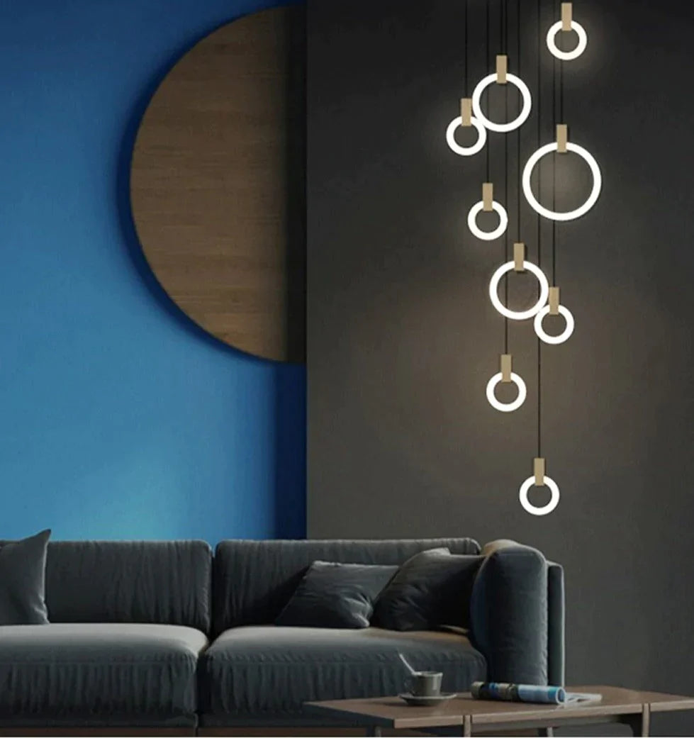 Anillos de acrílico de hierro de madera nórdico LED, lámpara LED DIY, luz LED, luces colgantes, lámpara colgante, luz colgante para vestíbulo de comedor