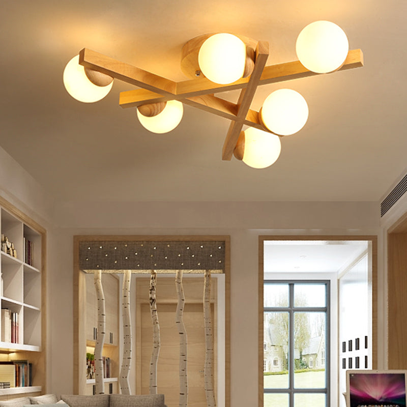 Modern Wooden Crossed Lines Flush Mount Light Fixture with Multi-bulbs for Bedroom Ceiling
