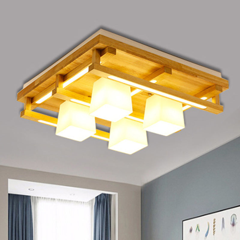 Modernist Wood Square Flush Mount Lighting with 1/4/9 Brown LED Lights and White Glass Cubic Shade in White/Warm Light