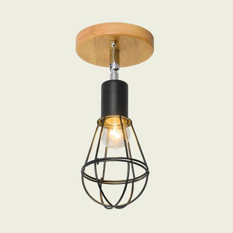 Industrial Loft Ceiling Fixture with Wire Cage and Rotatable Bulb - Black Metallic Semi-Flush Mount for 4