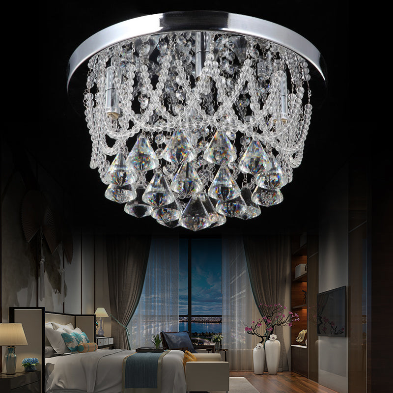 Modern Crystal Strand Ceiling Lamp - Dome Flush 3 Lights, 14