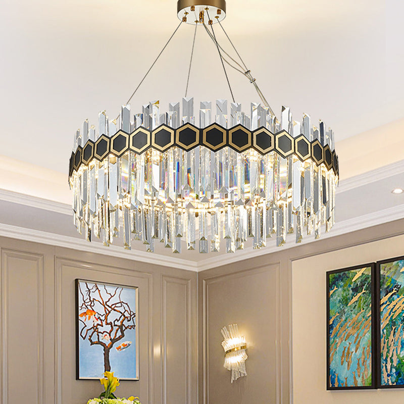 LED Crystal Icicle Chandelier with Mid Century Circle Design & Honeycomb Belt in Black-Gold