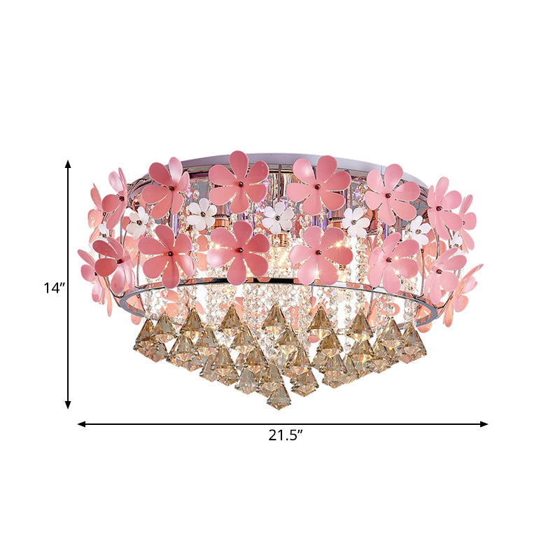 Modern Crystal Drop LED Drum Ceiling Light Fixture with Pink Flower Decoration, 18