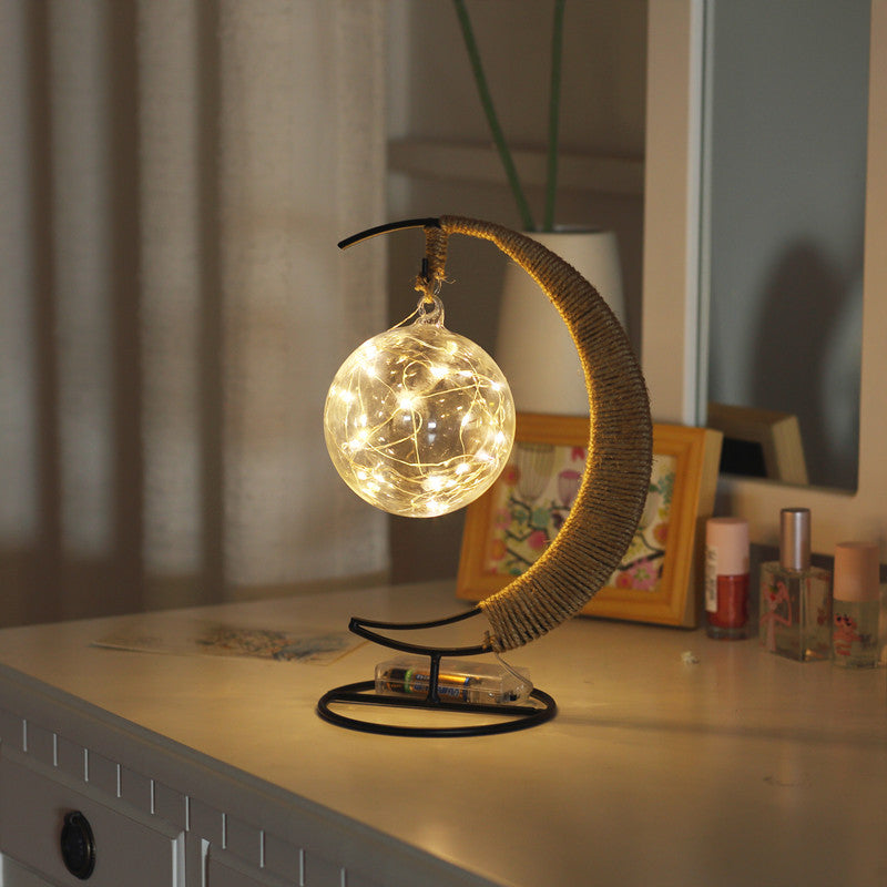 Lampe de table lune et boule en corde de chanvre - Veilleuse LED artistique à piles en noir