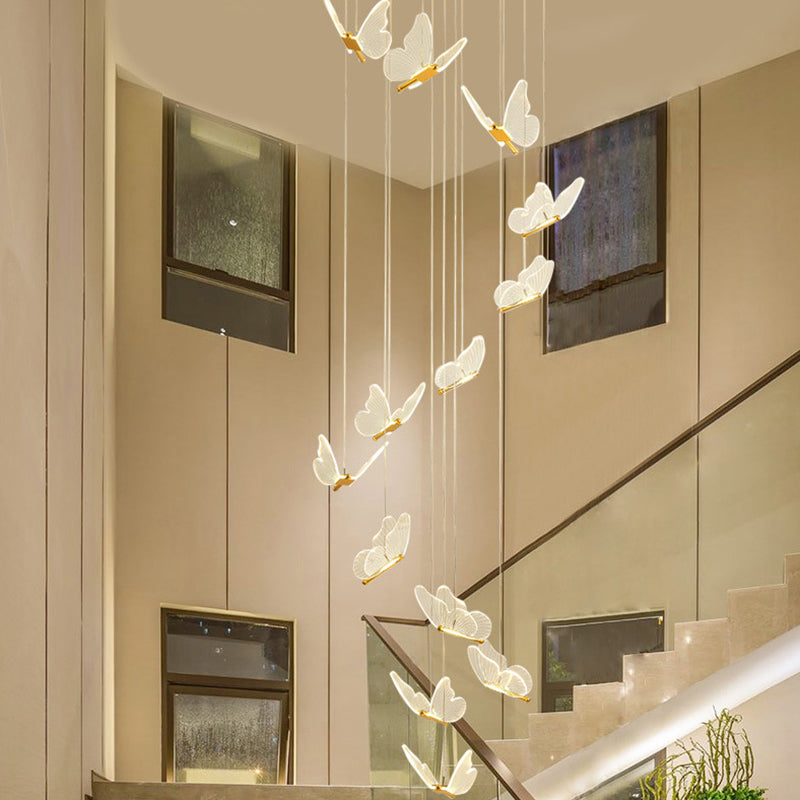 Schmetterlings-Wendeltreppen-Deckenbeleuchtung, Acryl, moderne LED-Mehrlicht-Pendelleuchte in Gold