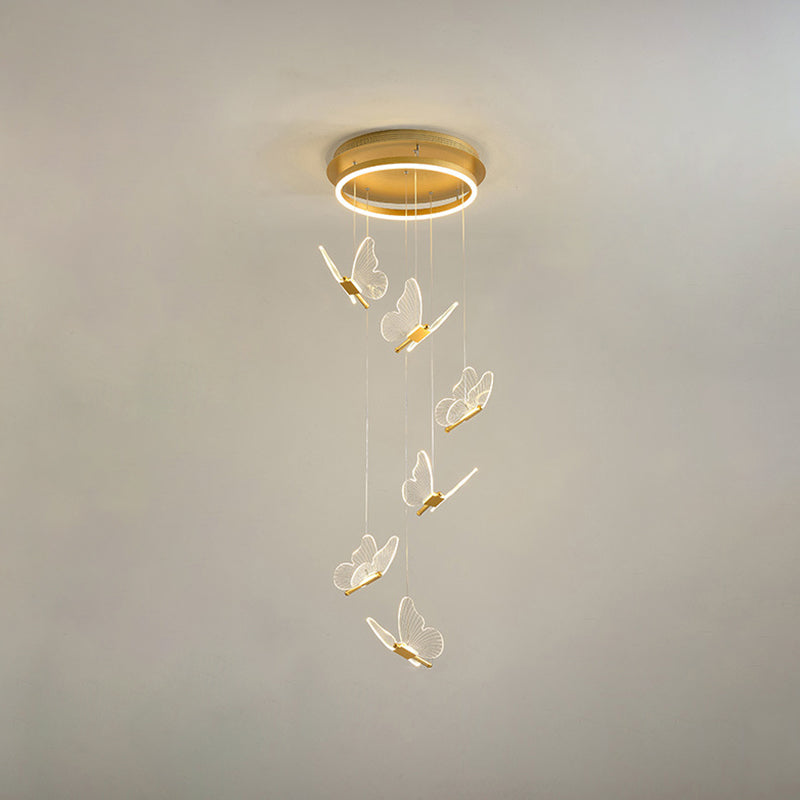 Schmetterlings-Wendeltreppen-Deckenbeleuchtung, Acryl, moderne LED-Mehrlicht-Pendelleuchte in Gold