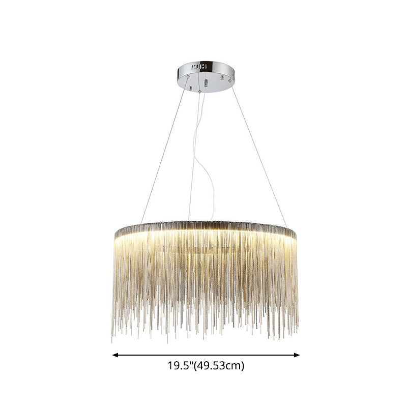 Lampada a sospensione con catena in nappa argento Lampadario da soffitto modernista in metallo di forma rotonda