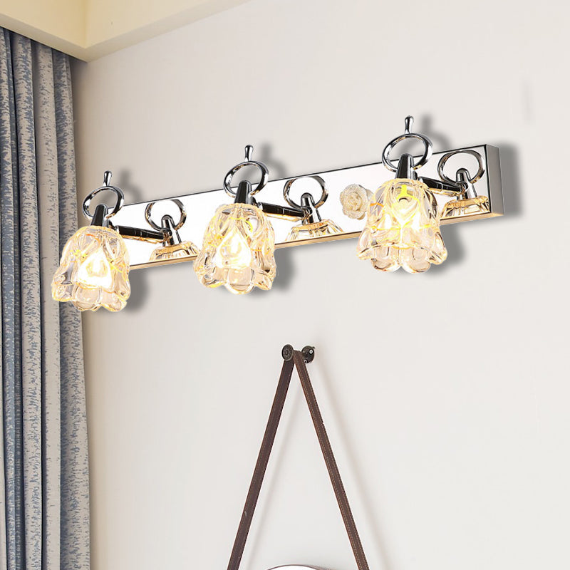 Lámpara de pared para tocador con pantalla de flores moderna, vidrio transparente, acabado plateado, 2/3 luces, ideal para baño, 12