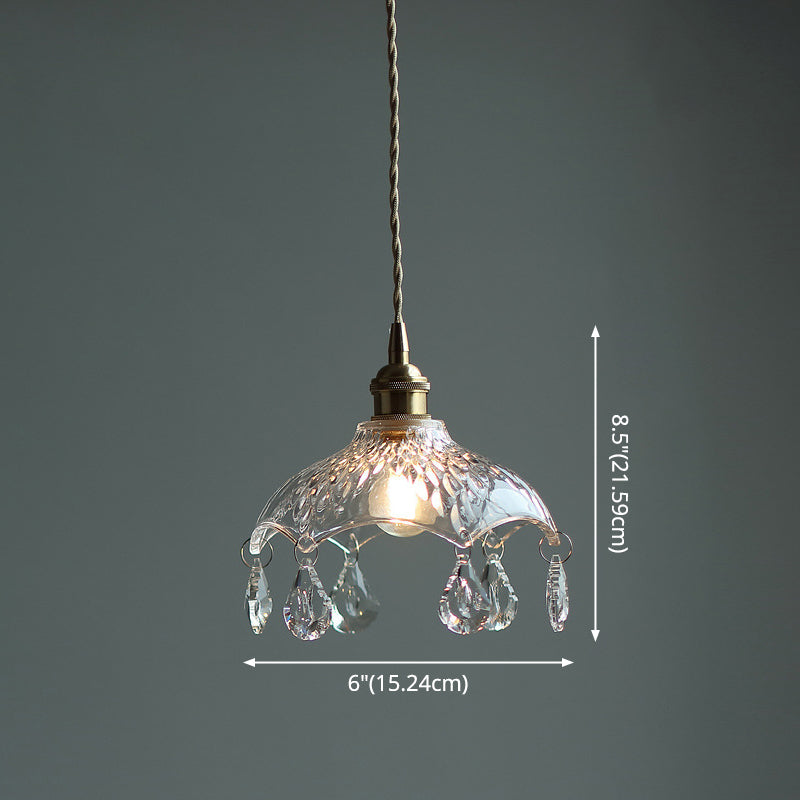 Lampa wisząca z przezroczystego szkła w kształcie kwiatu w stylu vintage z kryształkami w kształcie łezki