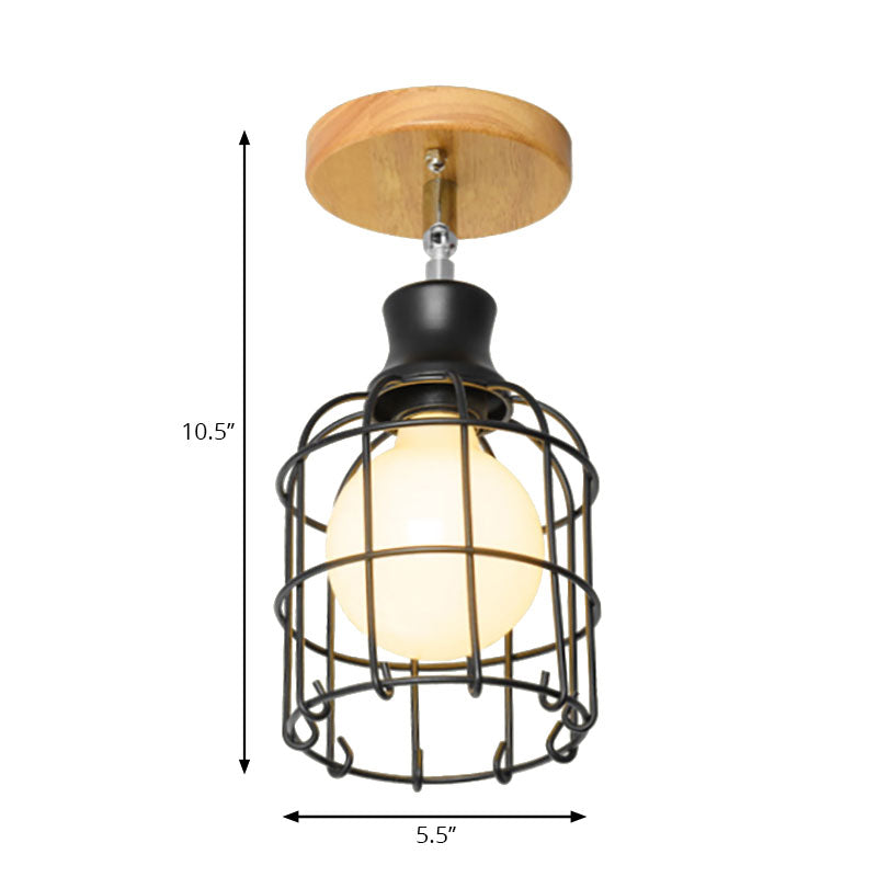 Industrial Loft Ceiling Fixture with Wire Cage and Rotatable Bulb - Black Metallic Semi-Flush Mount for 4