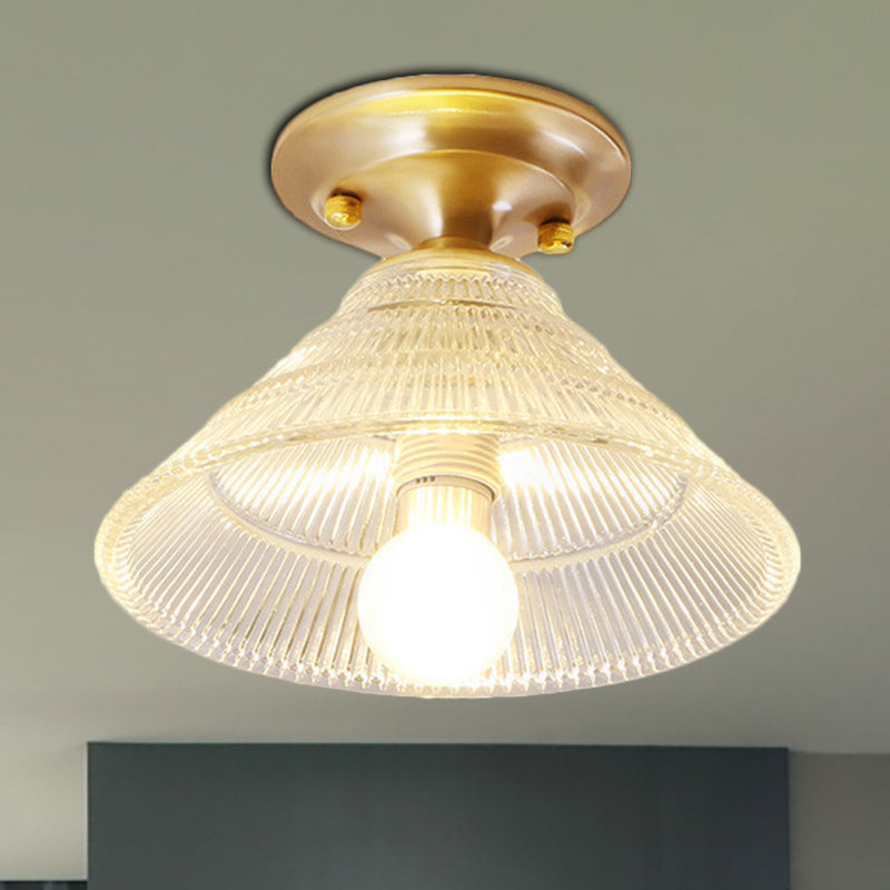 Colonial Brass Clear Ribbed Glass Flush Mount Light - 7.5