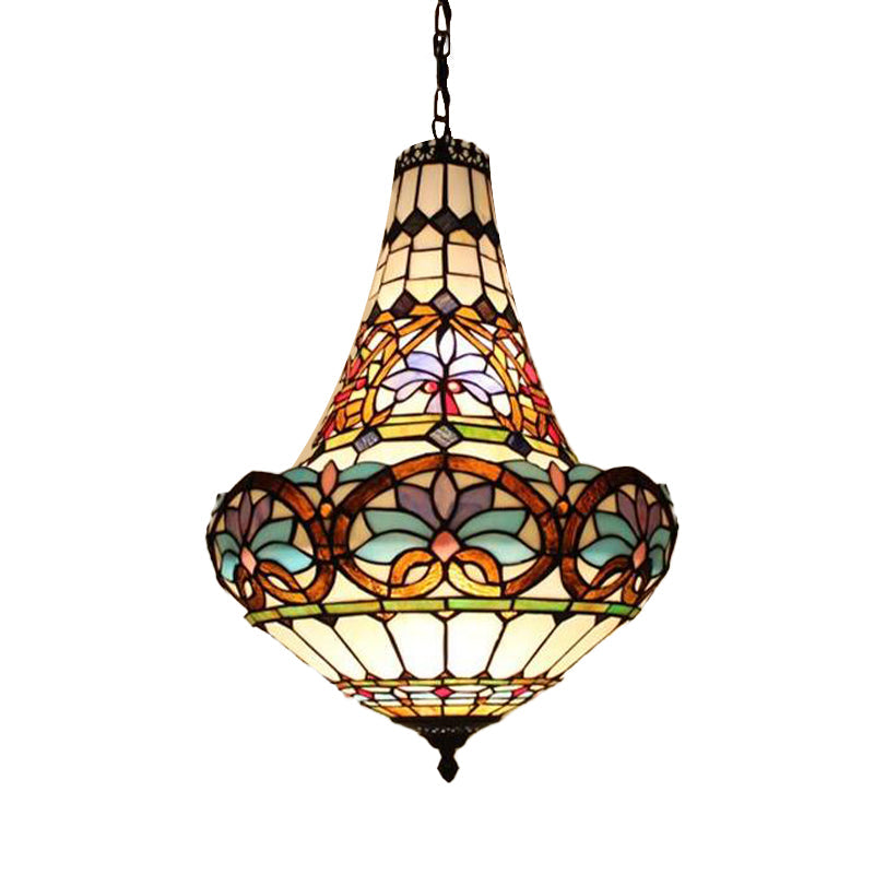 Wide Antique Bronze Flower Chandelier - Tiffany Stained Glass, 3/5 Lights - 12