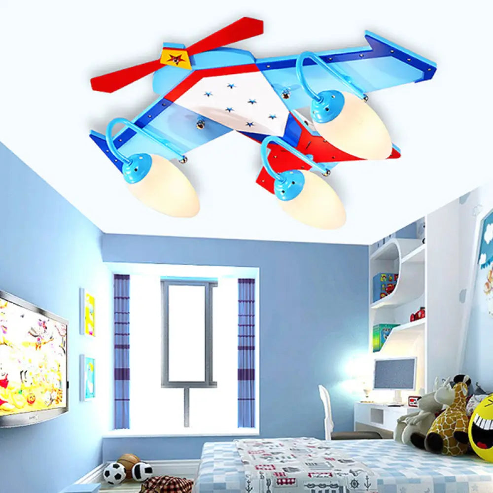 Lámpara de techo empotrada en color azul para niños con pantalla de cristal color crema ovalada, lámpara de techo empotrada en forma de plano de madera con acabado de madera