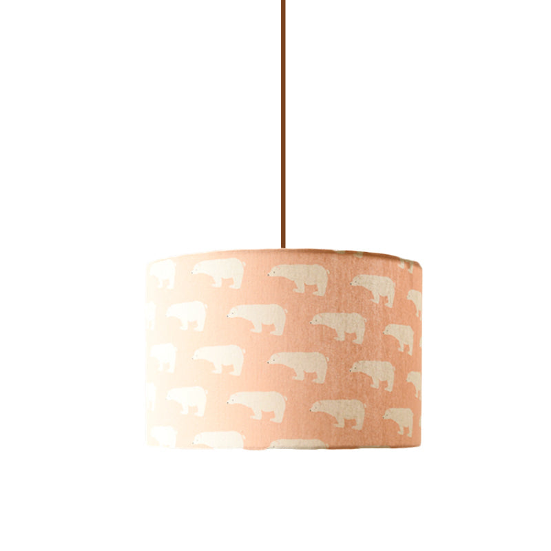 Luminaire suspendu tambour en tissu imprimé nordique – 1 lumière, éclairage à suspension blanc avec motif plume/oiseau/arbre
