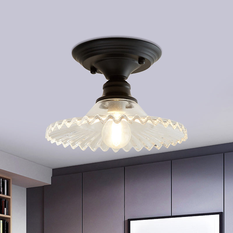 Semi-affleurant industriel festonné – Luminaire à une lumière en verre nervuré transparent/vert pour les espaces intérieurs
