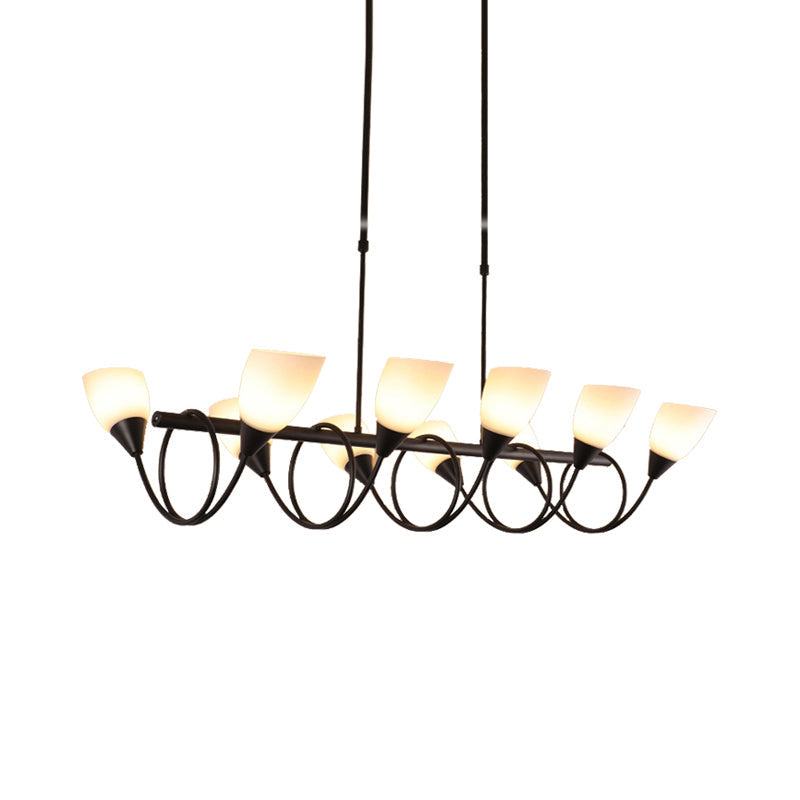 Vintage Black Cup Chandelier Light - 6/8/10 Lights, White Glass, LED Pendant Lamp with Linear Design