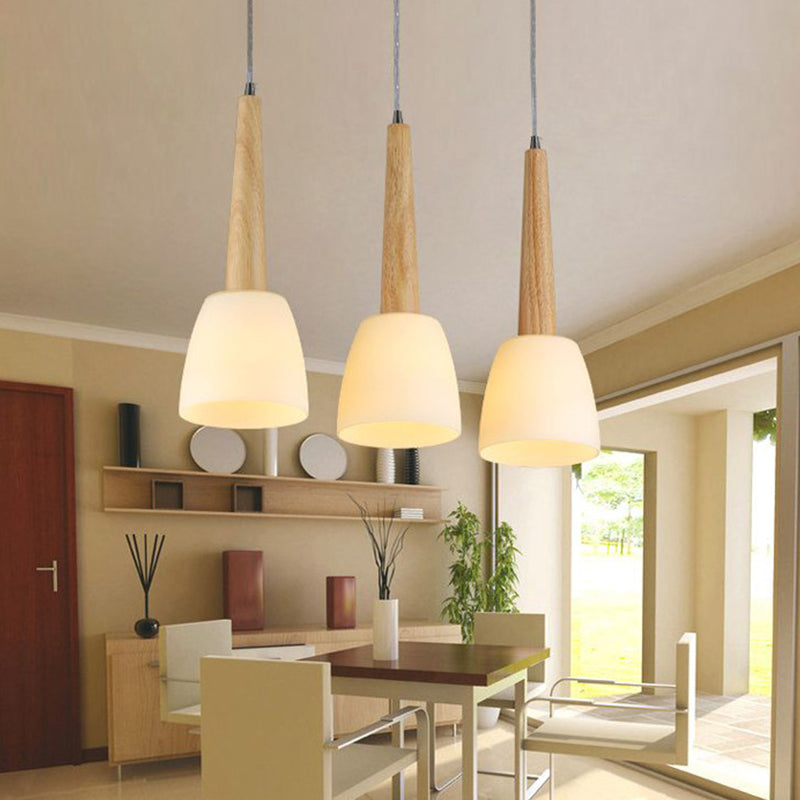 Nordic Wood Pendant Light for Kitchen Dinette with Milk Glass Shade and Handle
