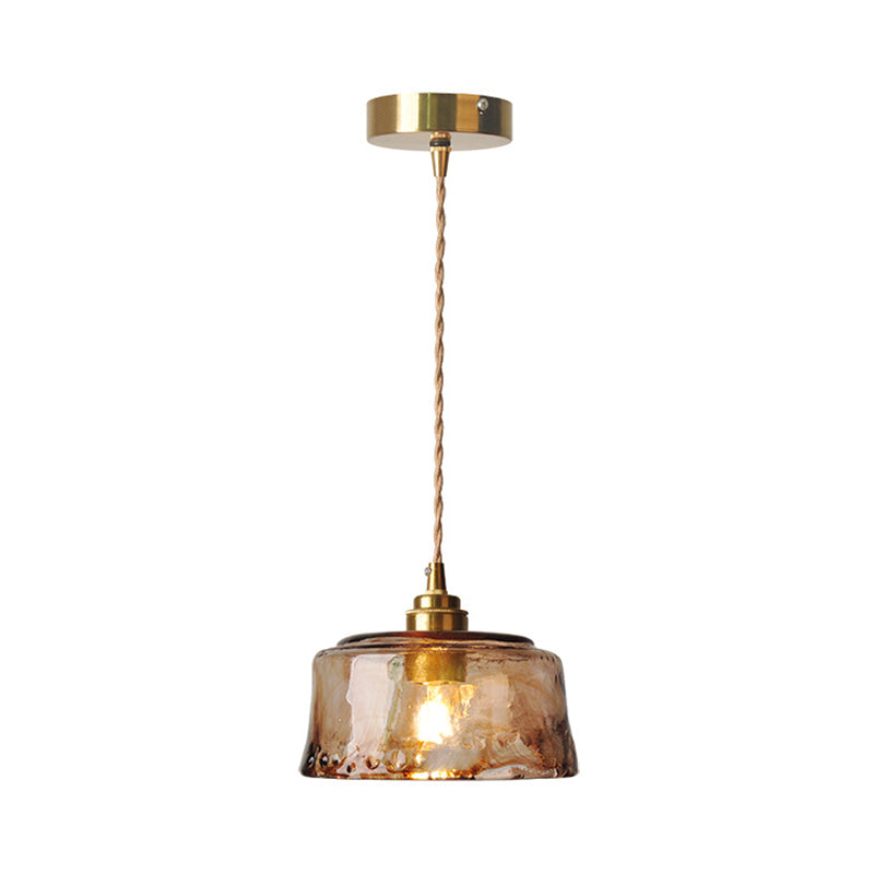 Lámpara colgante de comedor rústica con pantalla redonda de cristal de alabastro ámbar, 1 luz, latón