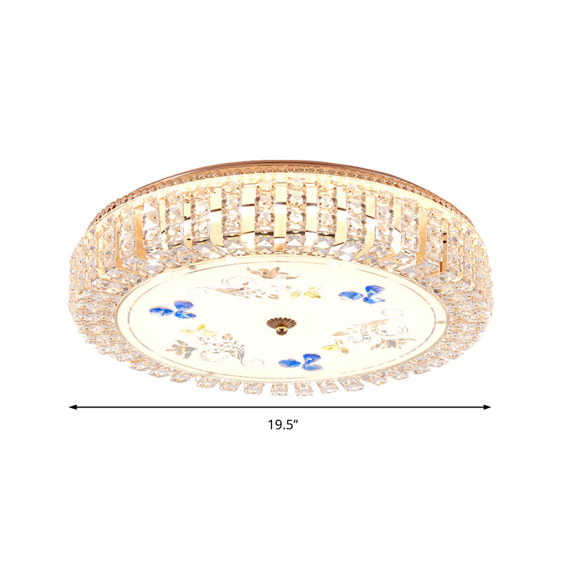 Golden Drum Flushmount Lighting: Modern Crystal and Glass Multi Light Ceiling Lamp (16