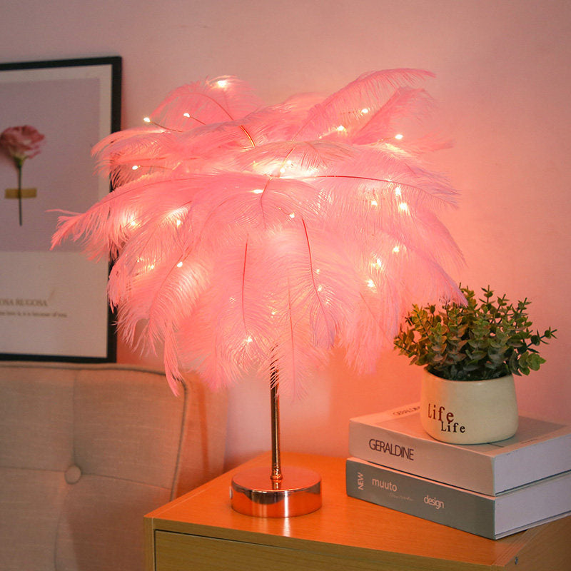 Elegante lámpara de noche de palmera rosa/blanca - Luz de mesa LED con batería de plumas y puerto de carga USB