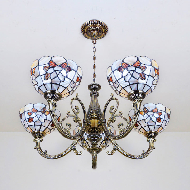Floral Stained Glass Inverted Chandelier with Chain in Red/Blue for Vintage Bedroom Decor