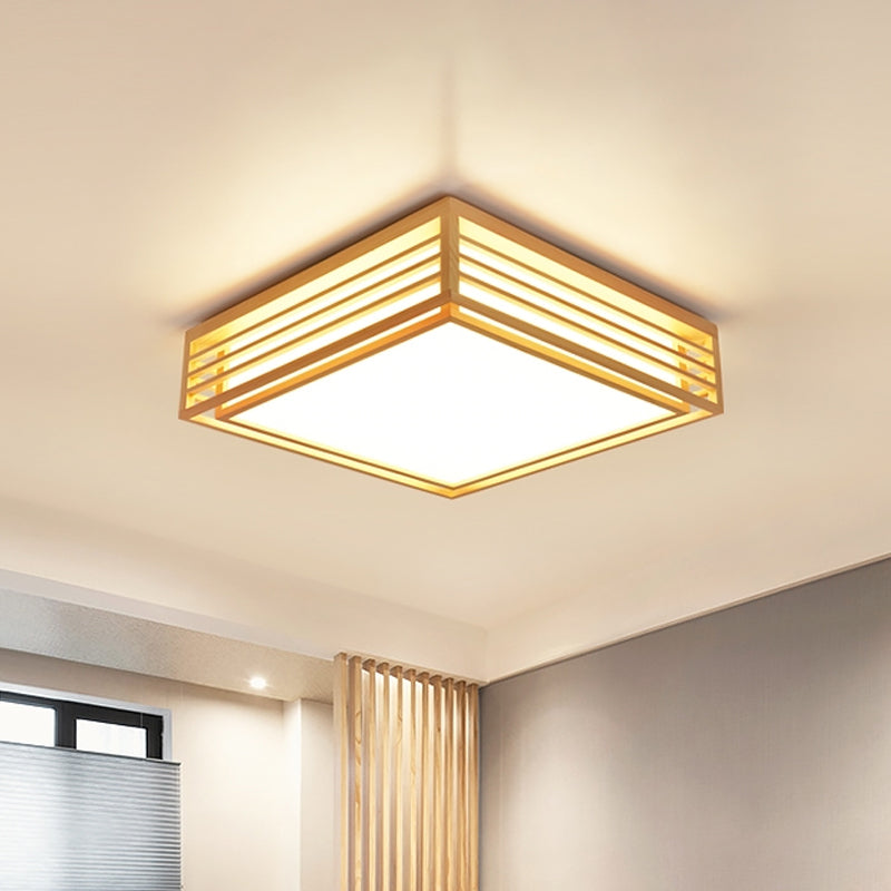 Square Acrylic Flush Ceiling Light - Asian Beige LED Fixture in Warm/White Light with Wood Frame, 14