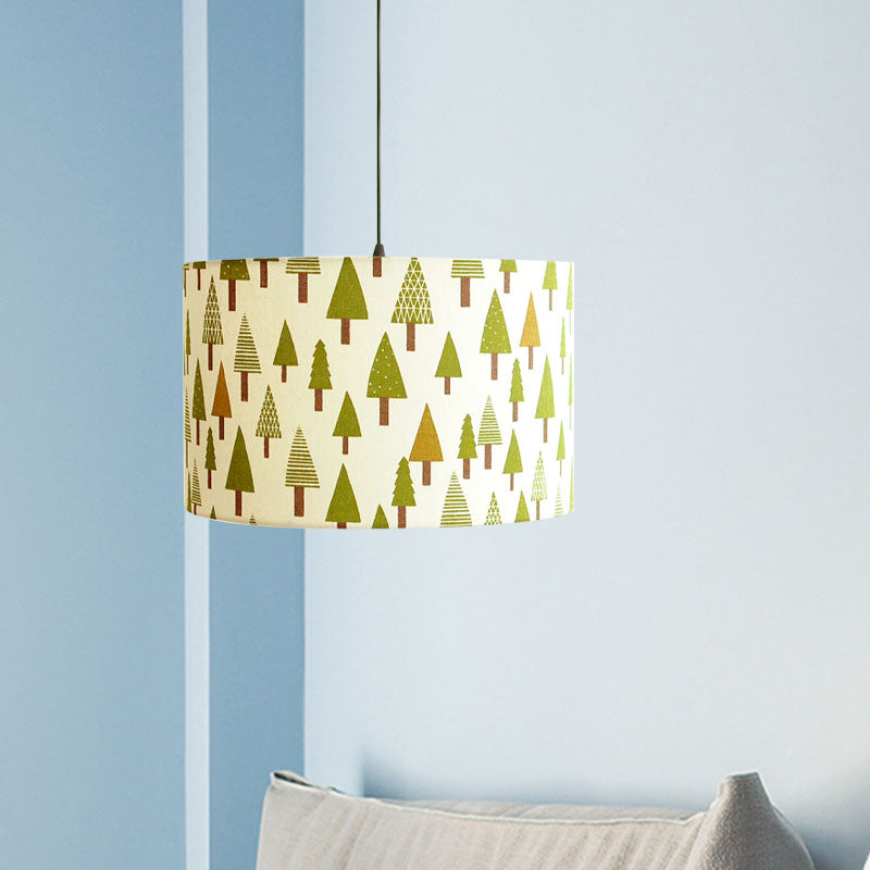 Luminaire suspendu tambour en tissu imprimé nordique – 1 lumière, éclairage à suspension blanc avec motif plume/oiseau/arbre