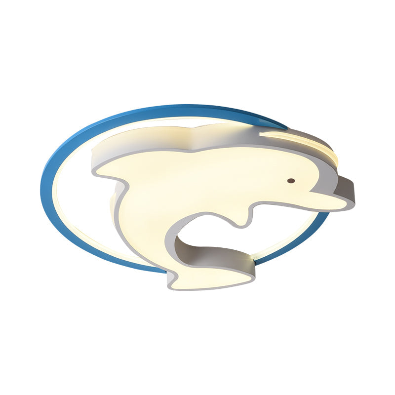 Kids LED Blue Dolphin Ceiling Light Fixture with Warm/White Light, Acrylic Shade, Flush Mount, 18