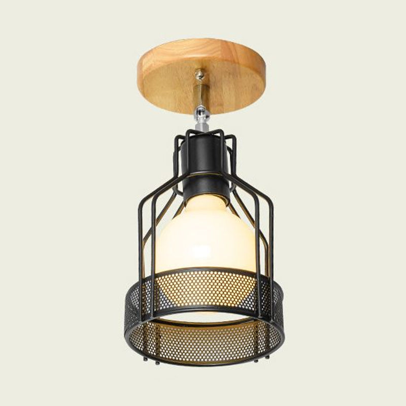 Industrial Loft Ceiling Fixture with Wire Cage and Rotatable Bulb - Black Metallic Semi-Flush Mount for 4