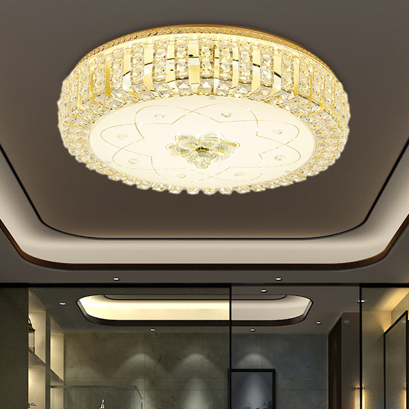 Golden Drum Flushmount Lighting: Modern Crystal and Glass Multi Light Ceiling Lamp (16