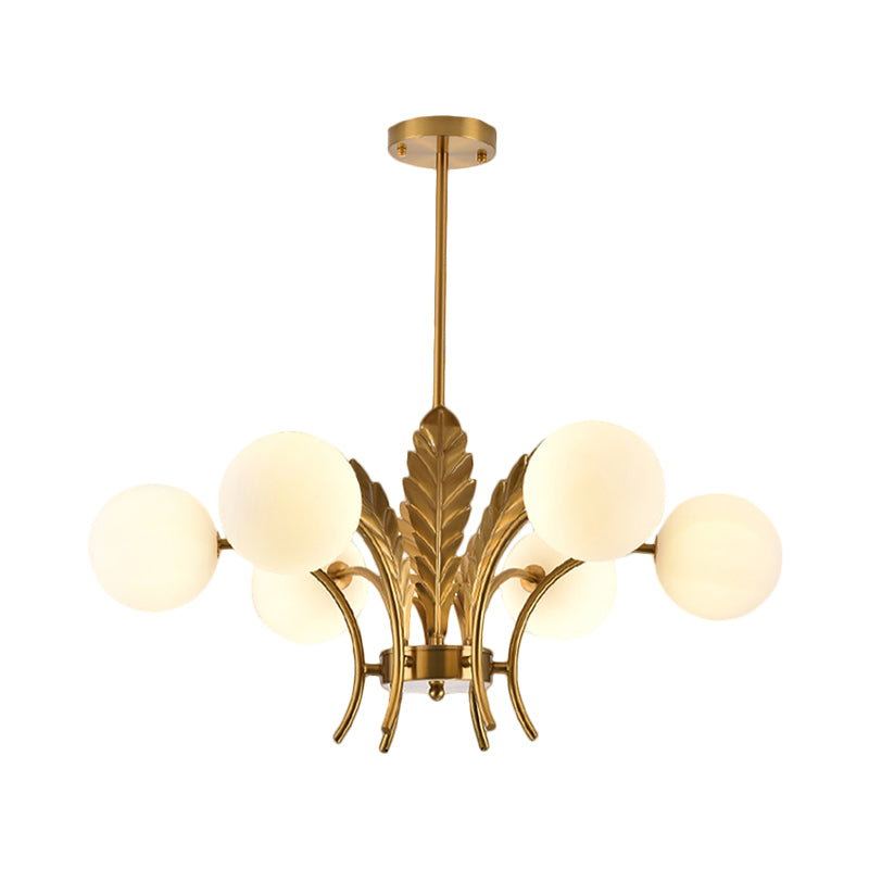 Lampadario a sfera a soffitto Simplicity in vetro bianco/rosa/cognac a 6 luci per soggiorno, lampadario a sospensione a LED con decorazioni a foglie
