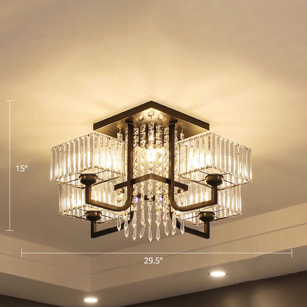 Lámpara de techo semiempotrada negra con cristal prismático para sala de estar - Lámpara de techo rectangular contemporánea