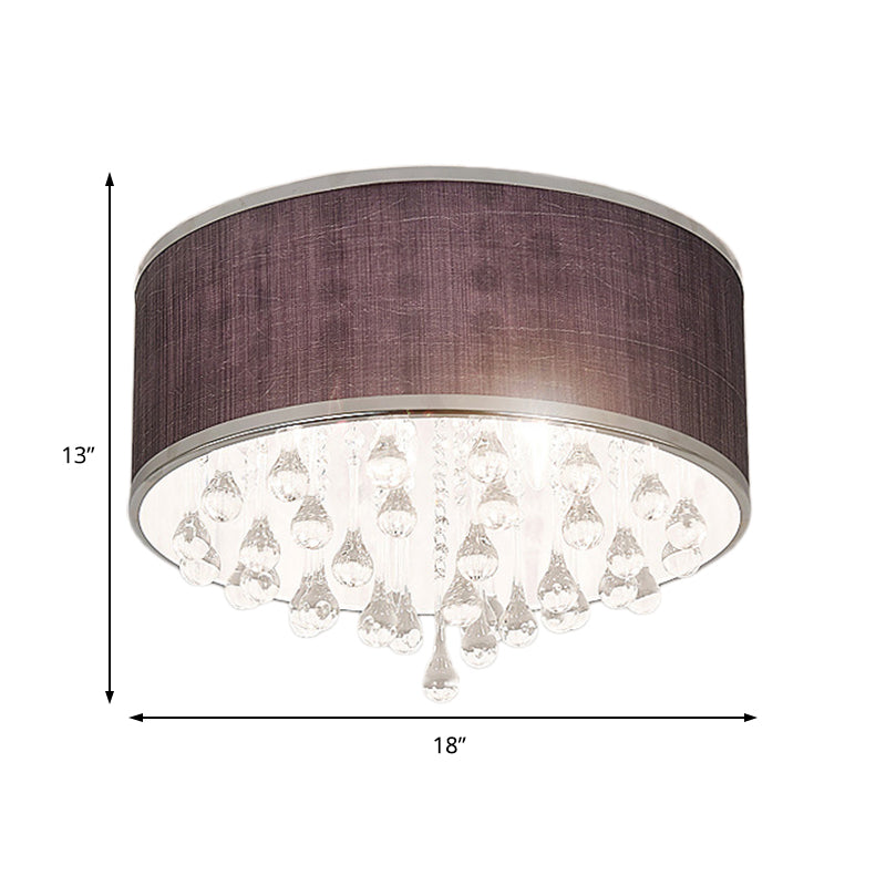 Contemporary Black Drum Flush Pendant Light with Clear Teardrop Crystal Accent - 6/8 Lights, 18