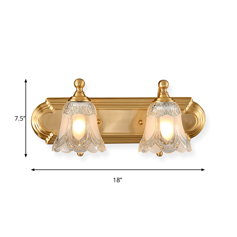 Aplique de tocador estilo vintage con pantalla de vidrio transparente, iluminación de pared dorada para baño - 2/3 opciones de bombilla - 18 pulgadas/24 pulgadas de ancho