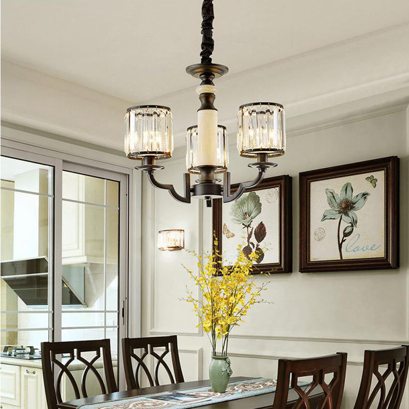 Mid Century Crystal Cylinder Chandelier: Black Hanging Light Kit with Adjustable Rope & 3/6 Bulbs