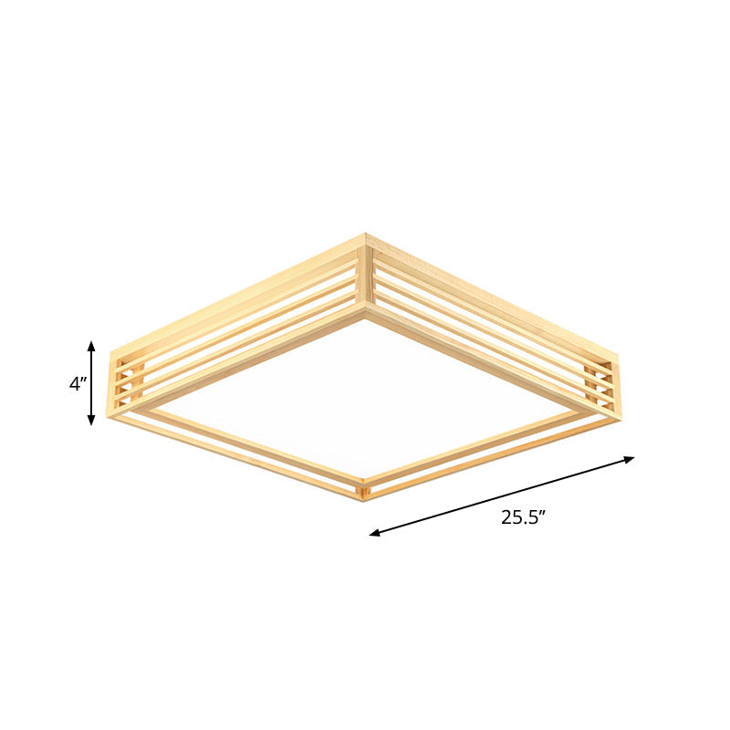Square Acrylic Flush Ceiling Light - Asian Beige LED Fixture in Warm/White Light with Wood Frame, 14