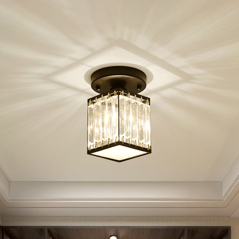 Plafonnier élégant en cristal semi-encastré pour foyer – Forme ronde/carrée, petite taille, 1 ampoule, accent noir/or